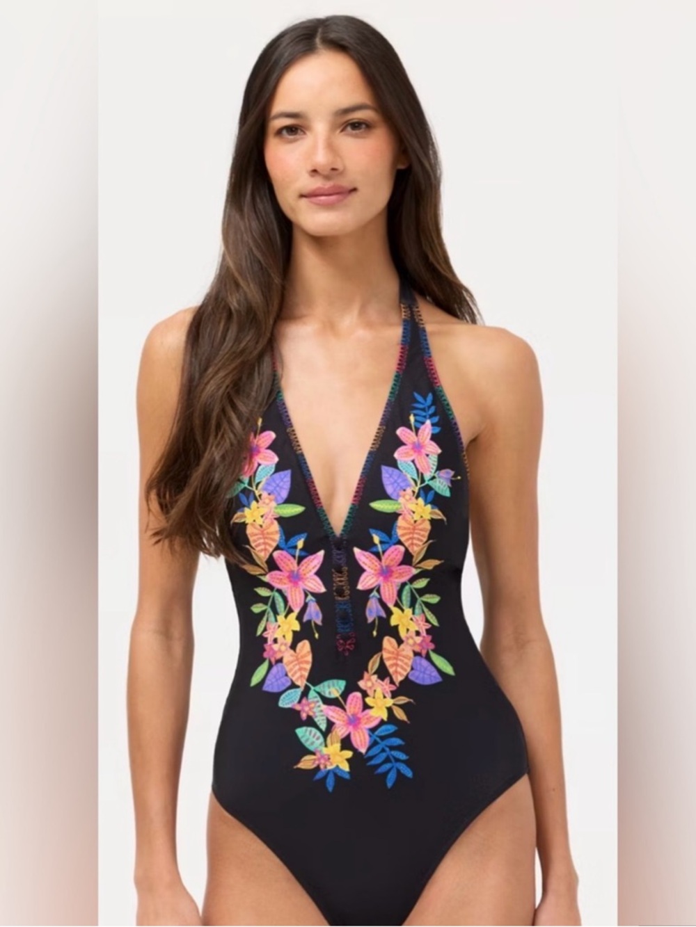 NWT Johnny Was Black Plunge One-Piece with Multicolor Floral Scabiosa